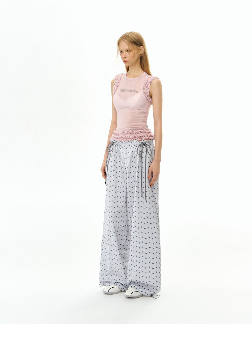 DeleteEx Soft 100 Percent Polyester Silver Gray Print Flowy Casual Wide Leg Pants