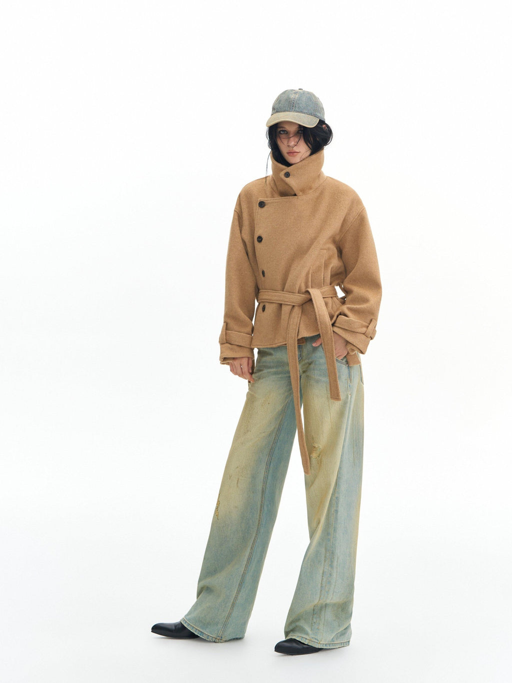 DeleteEx Thick Half Wool Blend American Cropped Lapel Young Women Khaki Wool Coats