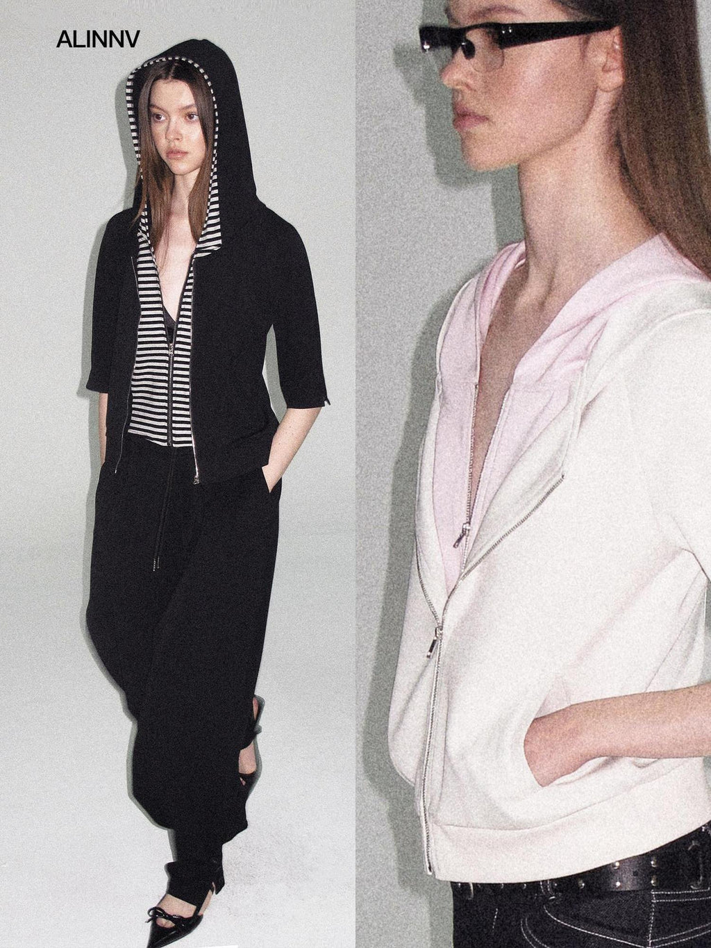 ALINNVSTUDIO Waist Slimming Cropped Zip Patchwork Raglan Hooded Pocket Ribbed Women Hoodie