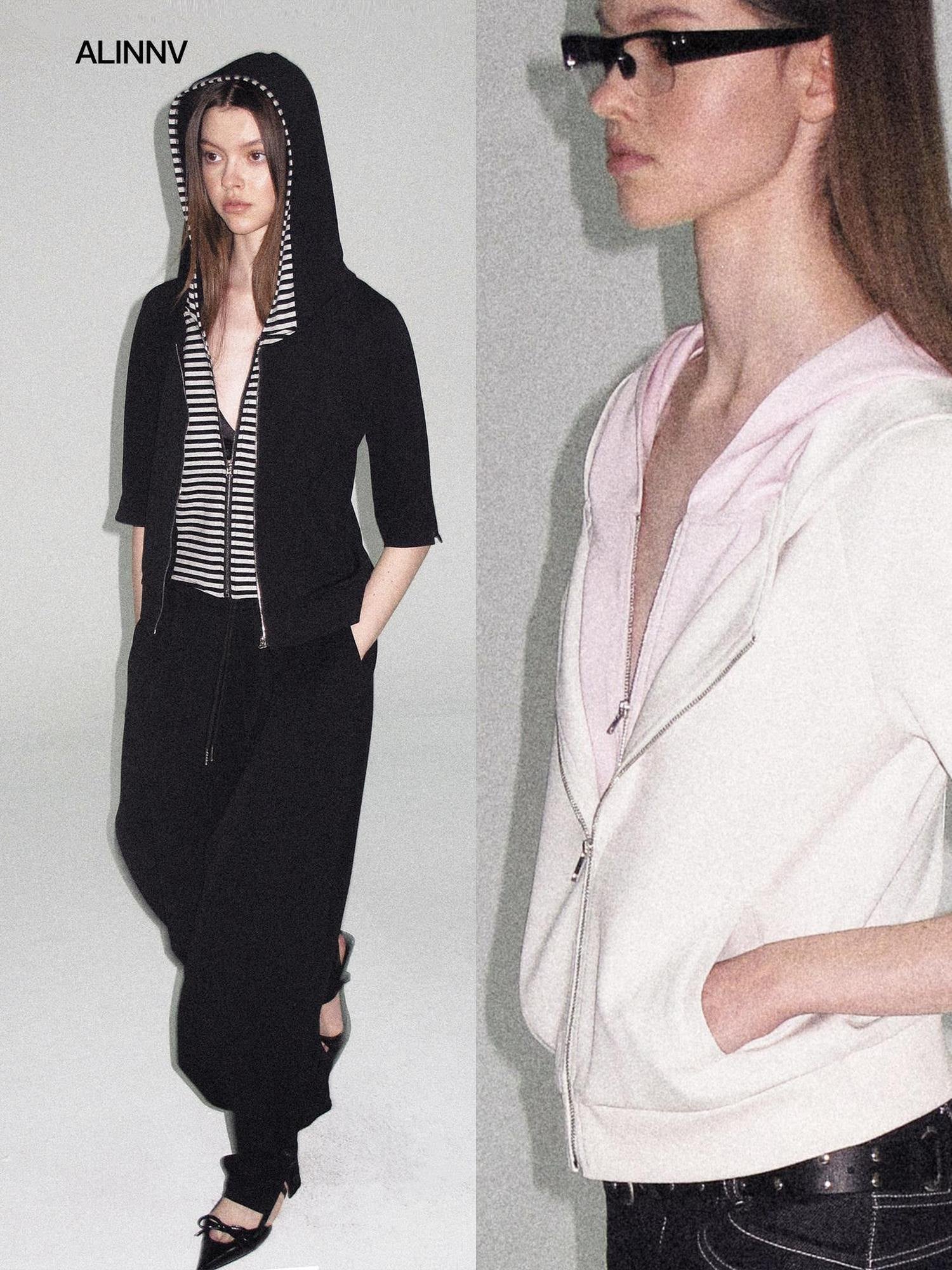 ALINNVSTUDIO Waist Slimming Cropped Zip Patchwork Raglan Hooded Pocket Ribbed Women Hoodie