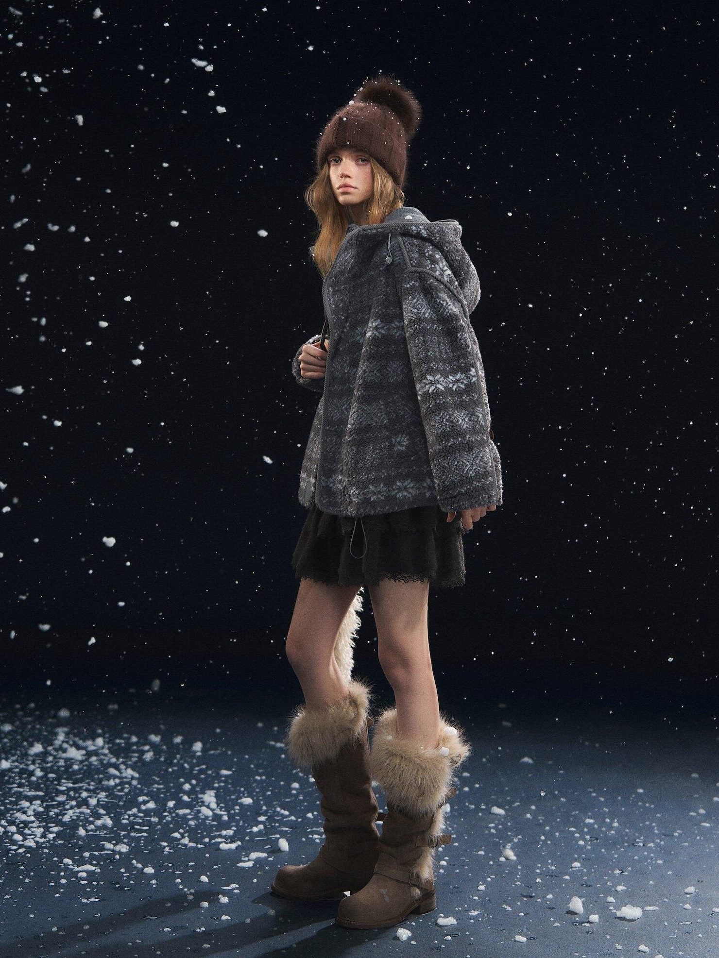 SOMESOWE Cozy Fleece Oversized Hooded Women Outdoor Zip Geometric Gray Jackets