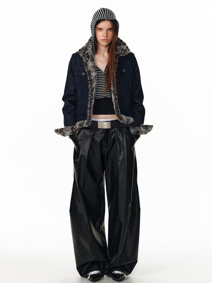 ALINNVSTUDIO Pu Leather Utility Natural Waist Curved Seam Black Women Wide Leg Pants