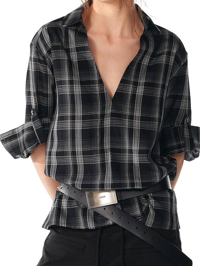 ALINNVSTUDIO Soft Lyocell Cupro Blend Oversized V-neck Button Front Plaid Casual Shirts