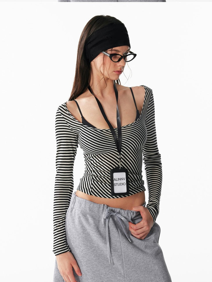 ALINNVSTUDIO Wool Blend Slim Fit Cropped Crewneck Striped Women Long Sleeve T-Shirts