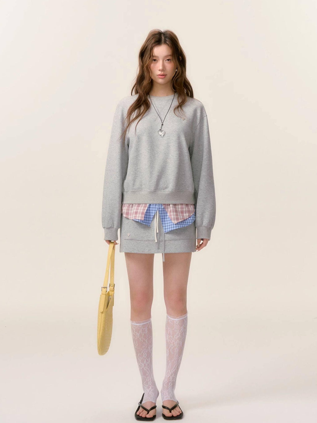 SOMESOWE Cotton Crew Long Sleeve Casual Mini Skirt Women Gray Navy Top & Skirt Sets