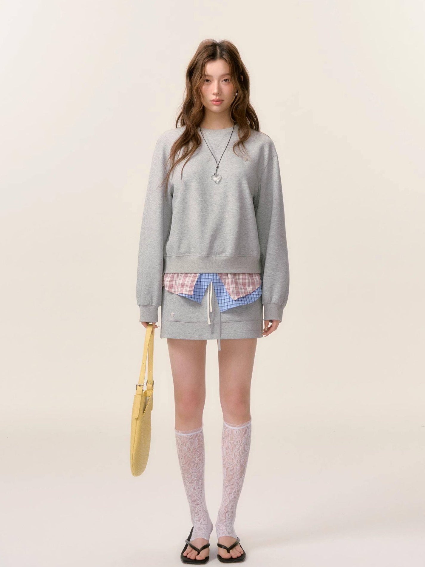 SOMESOWE Cotton Crew Long Sleeve Casual Mini Skirt Women Gray Navy Top & Skirt Sets
