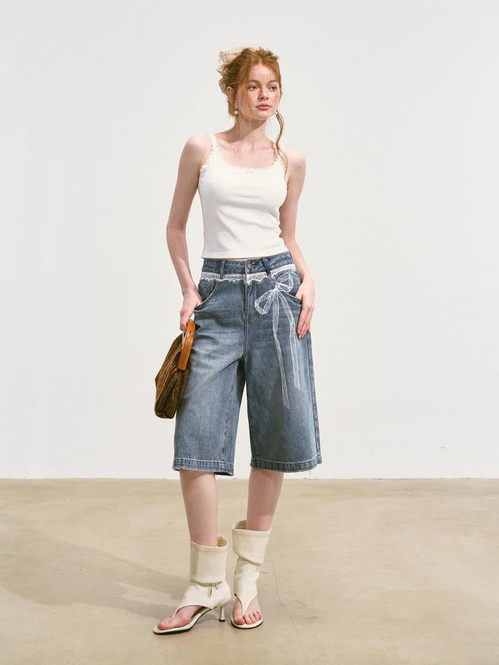 SOMESOWE Soft Washed Cotton Stretch Casual Straight Natural Waist Women Blue Denim Shorts