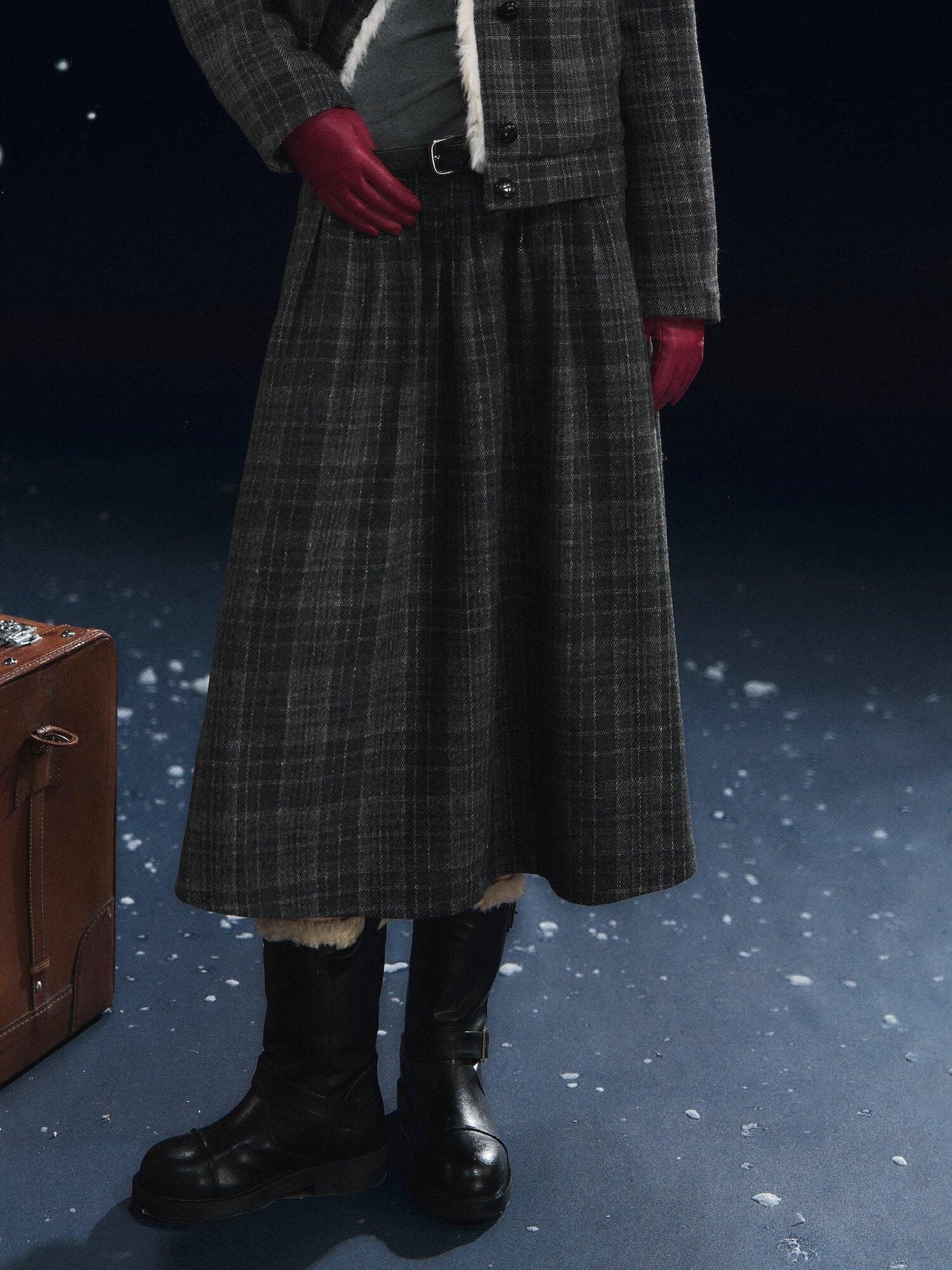 SOMESOWE Plaid Patchwork Oversized Jacket Loose Button Front Women Top & Skirt Sets