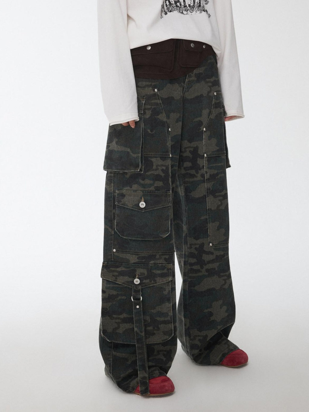 1JINN STUDIO Soft Cotton Camo Low Rise Casual Zipper Front Ladies Wide Leg Pants