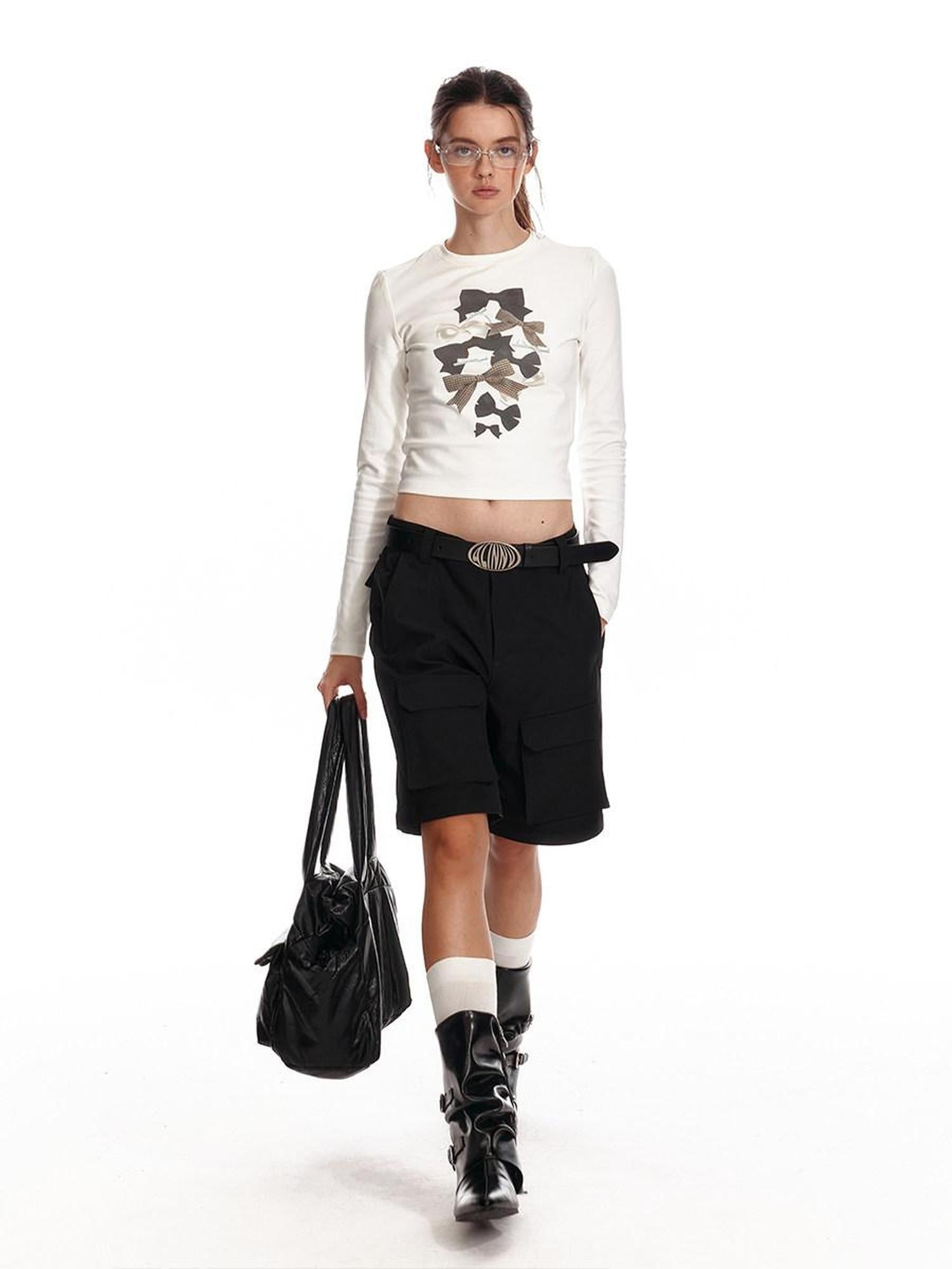 ALINNVSTUDIO Soft Cotton Printed Cropped Slim Fit Crew Neck Women Casual Long Sleeve T-Shirts