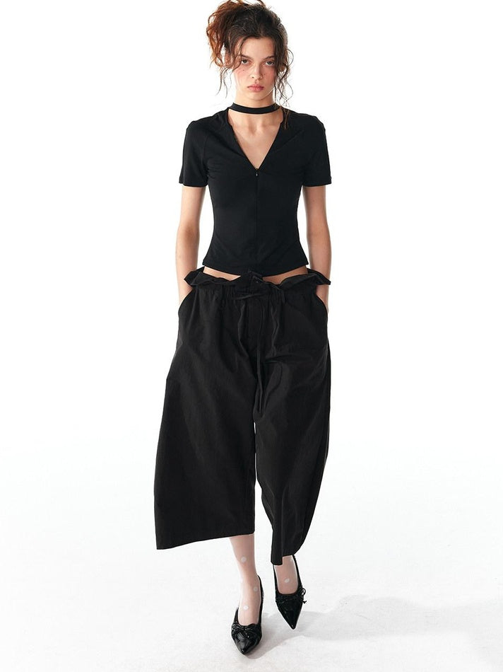 ALINNVSTUDIO Moisture Modal Stretch Asymmetric V-neck Slim Cross Basic Crop Tops
