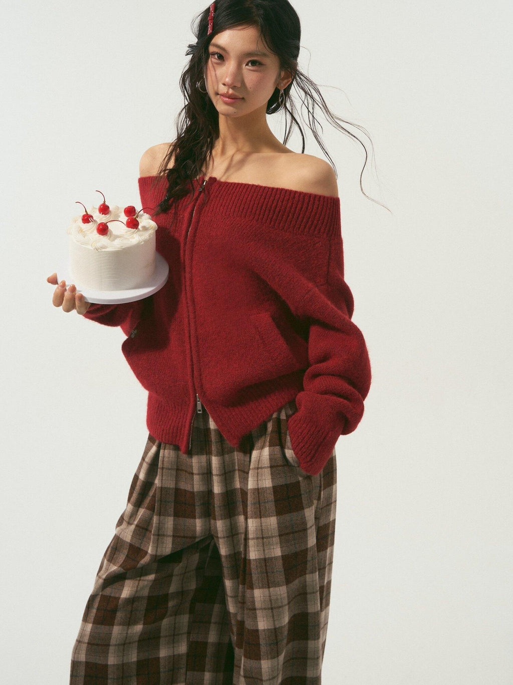 SOMESOWE Volcanic Red Knit Zipper One Shoulder Casual Regular Fit Women Daily Cardigans