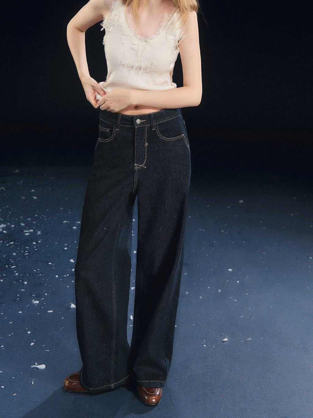 SOMESOWE High Rise Stretch Pleated Pocket Women Dark Cotton Denim Straight Leg Jeans