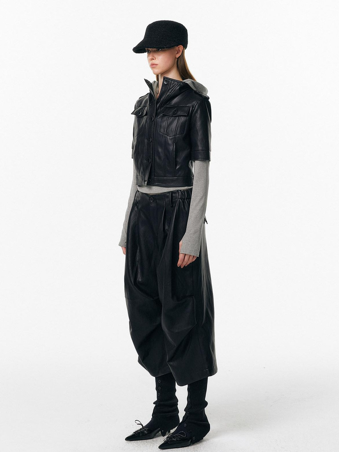 ALINNVSTUDIO Pu Pleated Low Waist Button Fly Irregular Fold Casual Women Black Wide Leg Pants