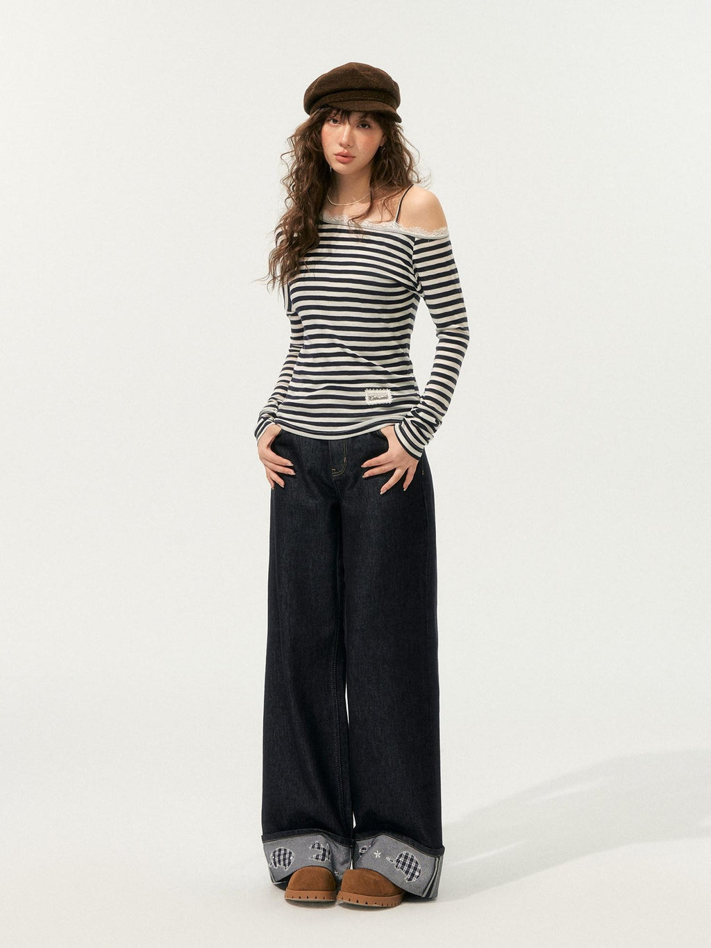 SOMESOWE Lyocell Blend Oversized Commuter Creative Navy Striped Women Long Sleeve T-Shirts