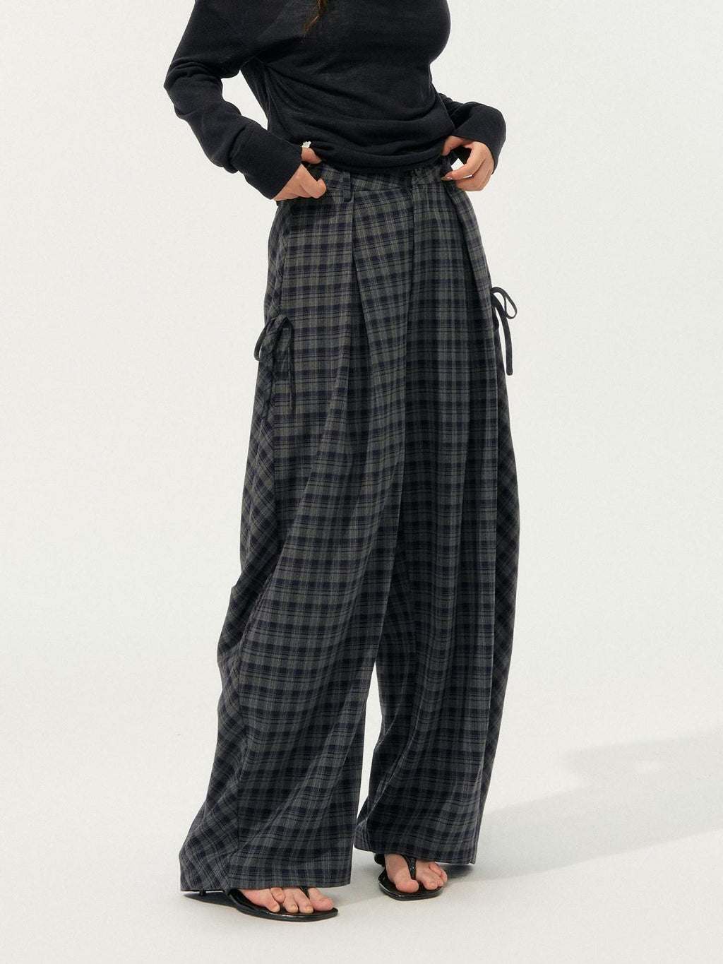 SOMESOWE Plaid Pocket Loose Fit Natural Waist Button Grey Casual Women Wide Leg Pants