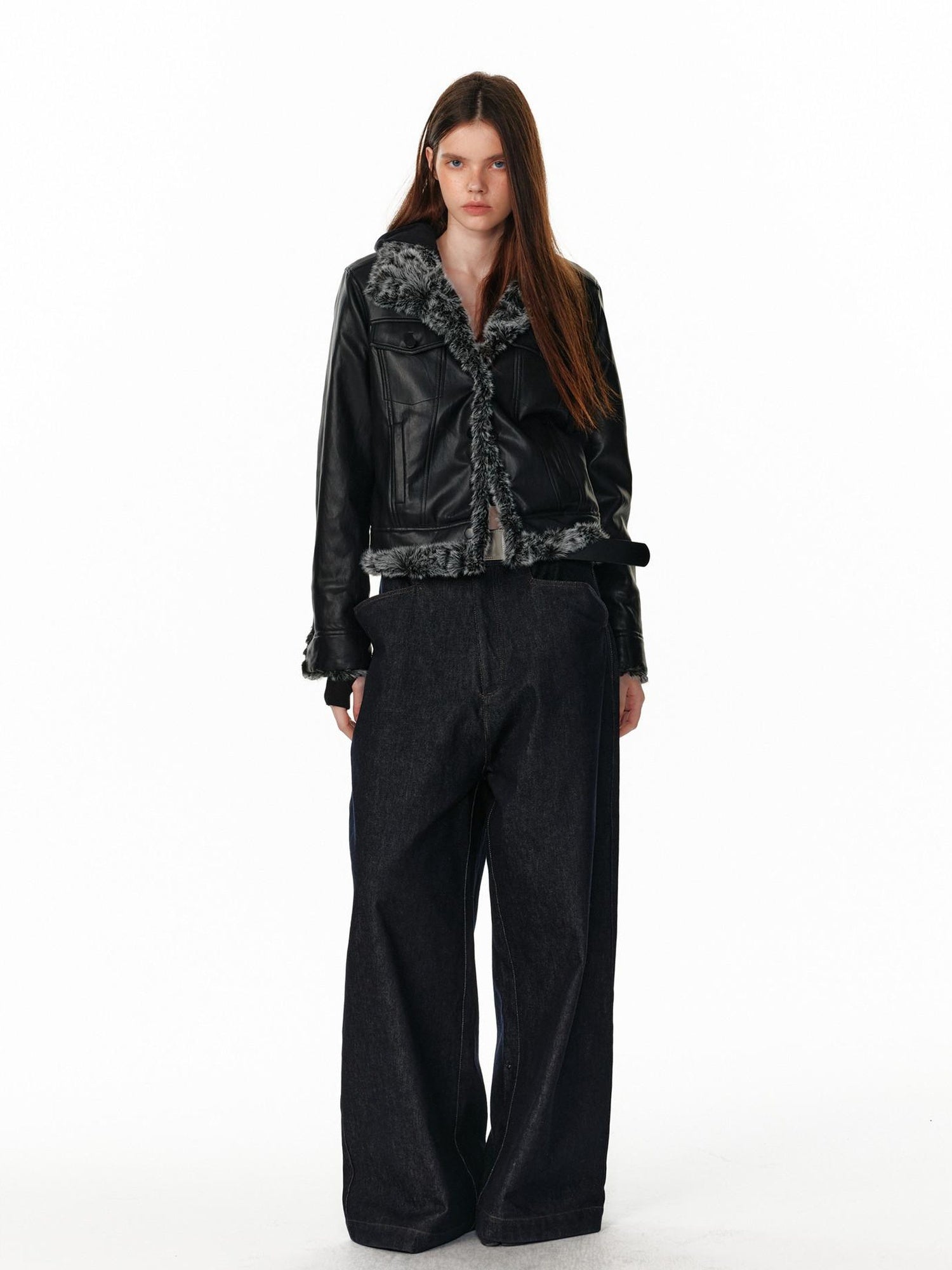 ALINNVSTUDIO Warm Reversible Retro Straight Short Zip Stand Collar Women Leather Jackets