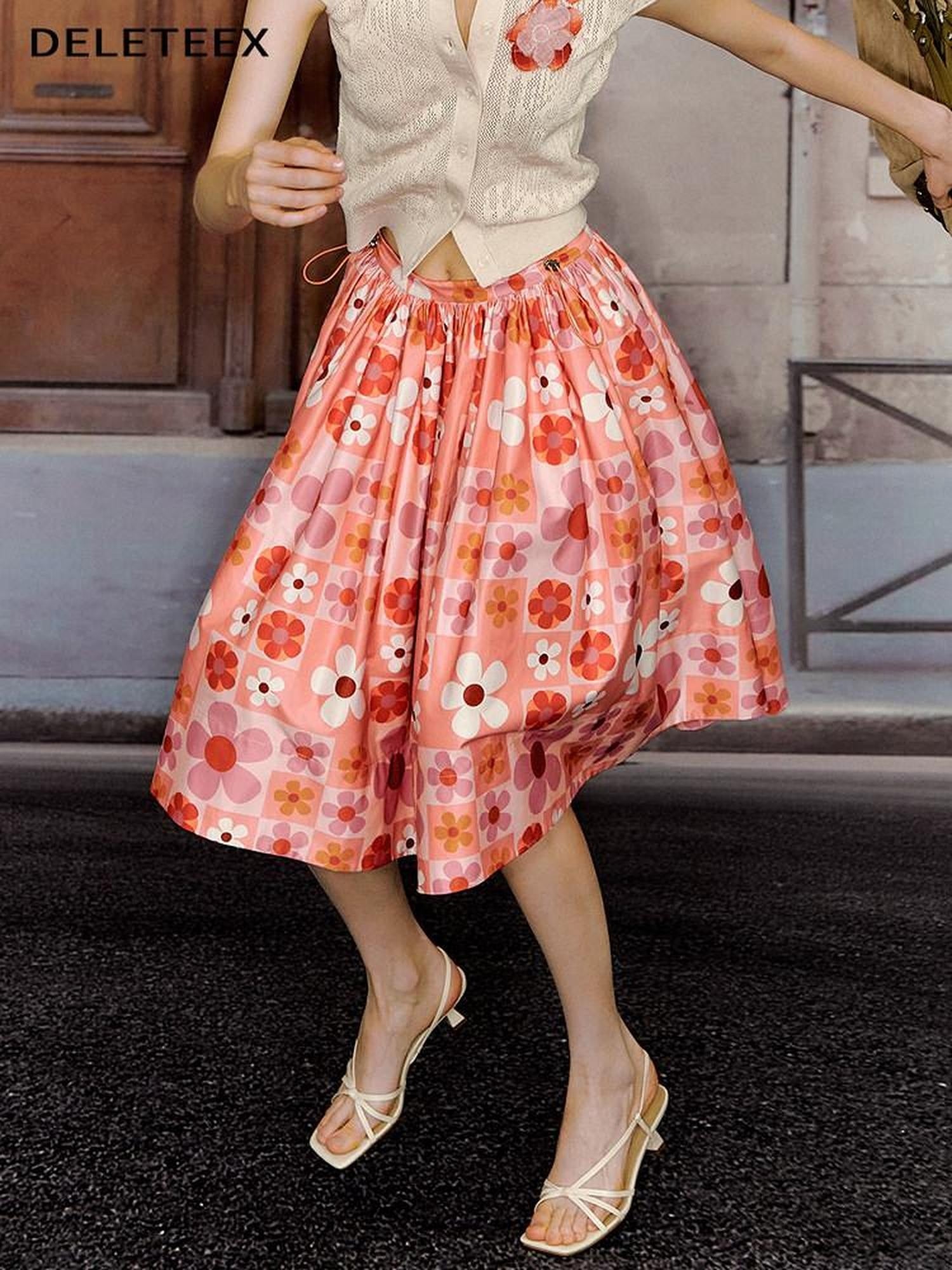 DeleteEx Flattering High Waist A Line Orange Red Floral Polyester Women Midi Skirts