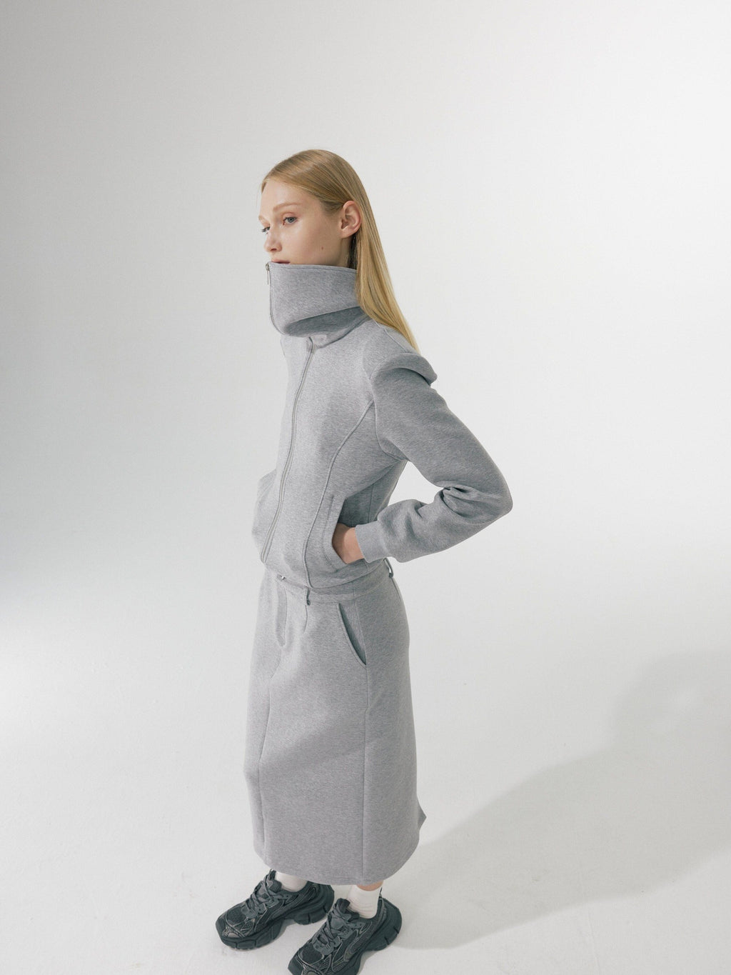 BUZHOU Zip Stand Collar Long Sleeve Stretch Cotton Commuter Grey Women Top & Skirt Sets