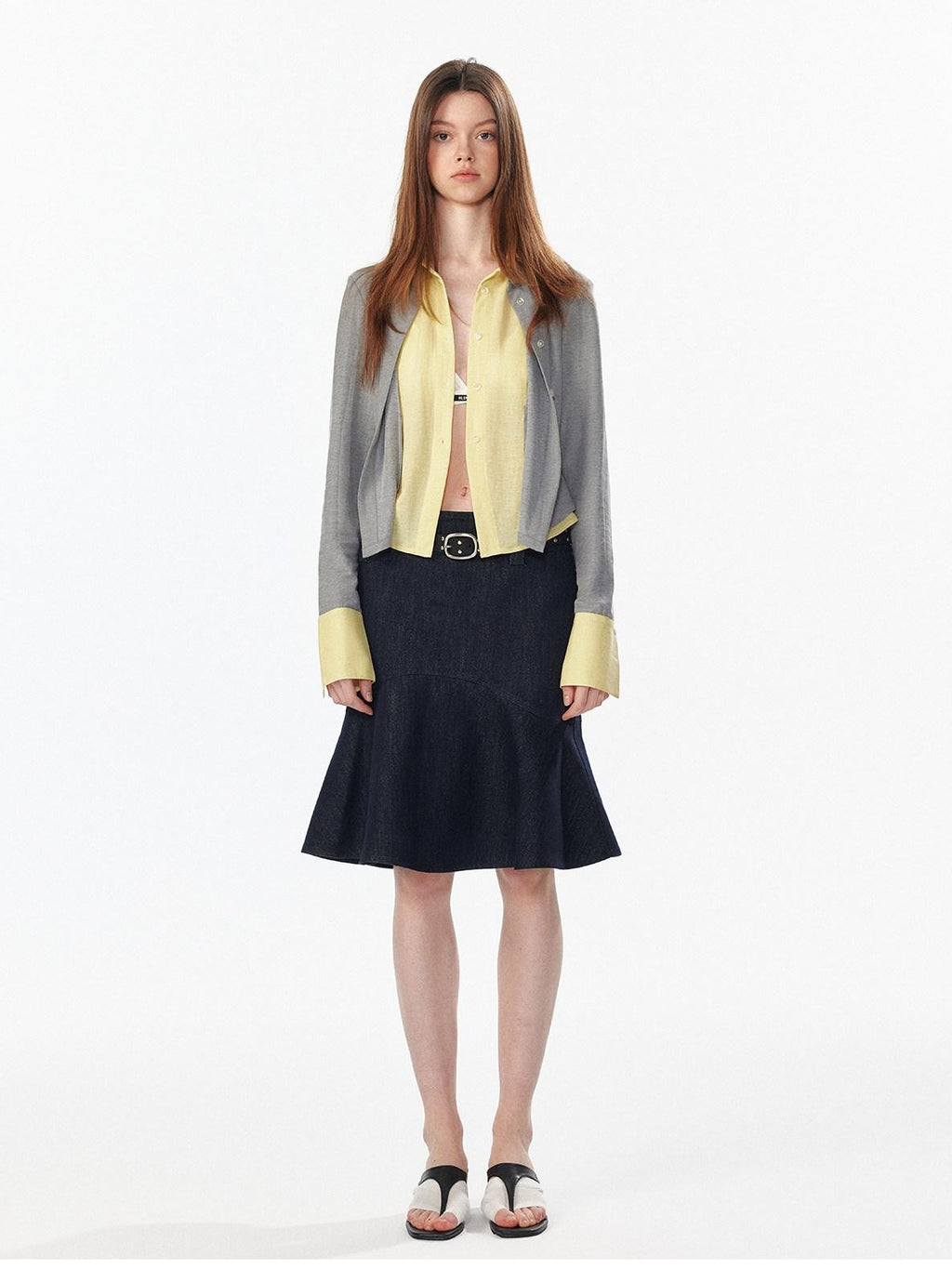 ALINNVSTUDIO Colorblock Faux Layered Slim Waist Cropped Cardigan Longsleeve Womens Shirts
