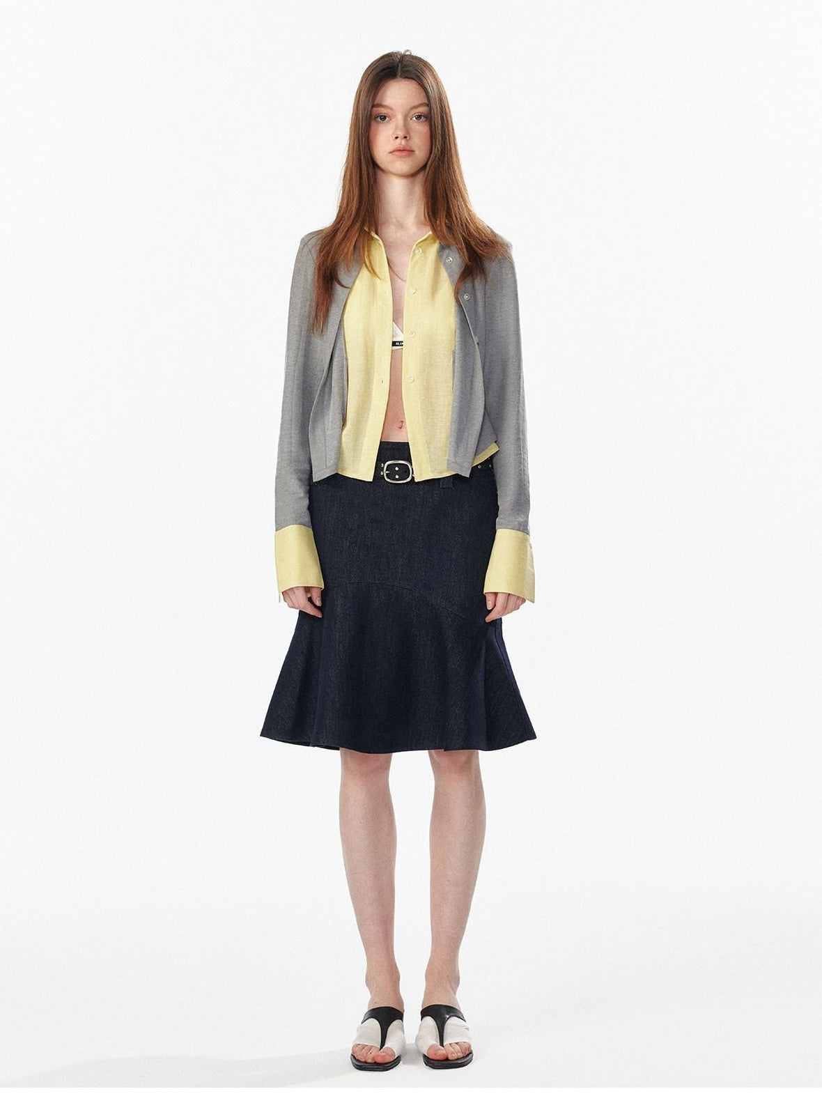 ALINNVSTUDIO Colorblock Faux Layered Slim Waist Cropped Cardigan Longsleeve Womens Shirts