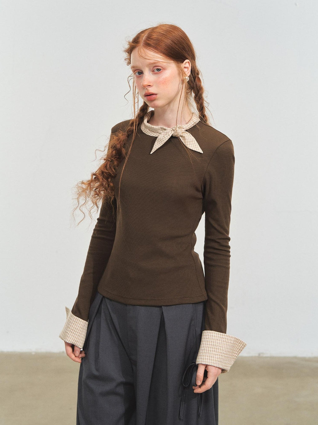 SOMESOWE Viscose Cotton Blend Loose Commuter Crewneck Patchwork Gray Long Sleeve T-Shirts