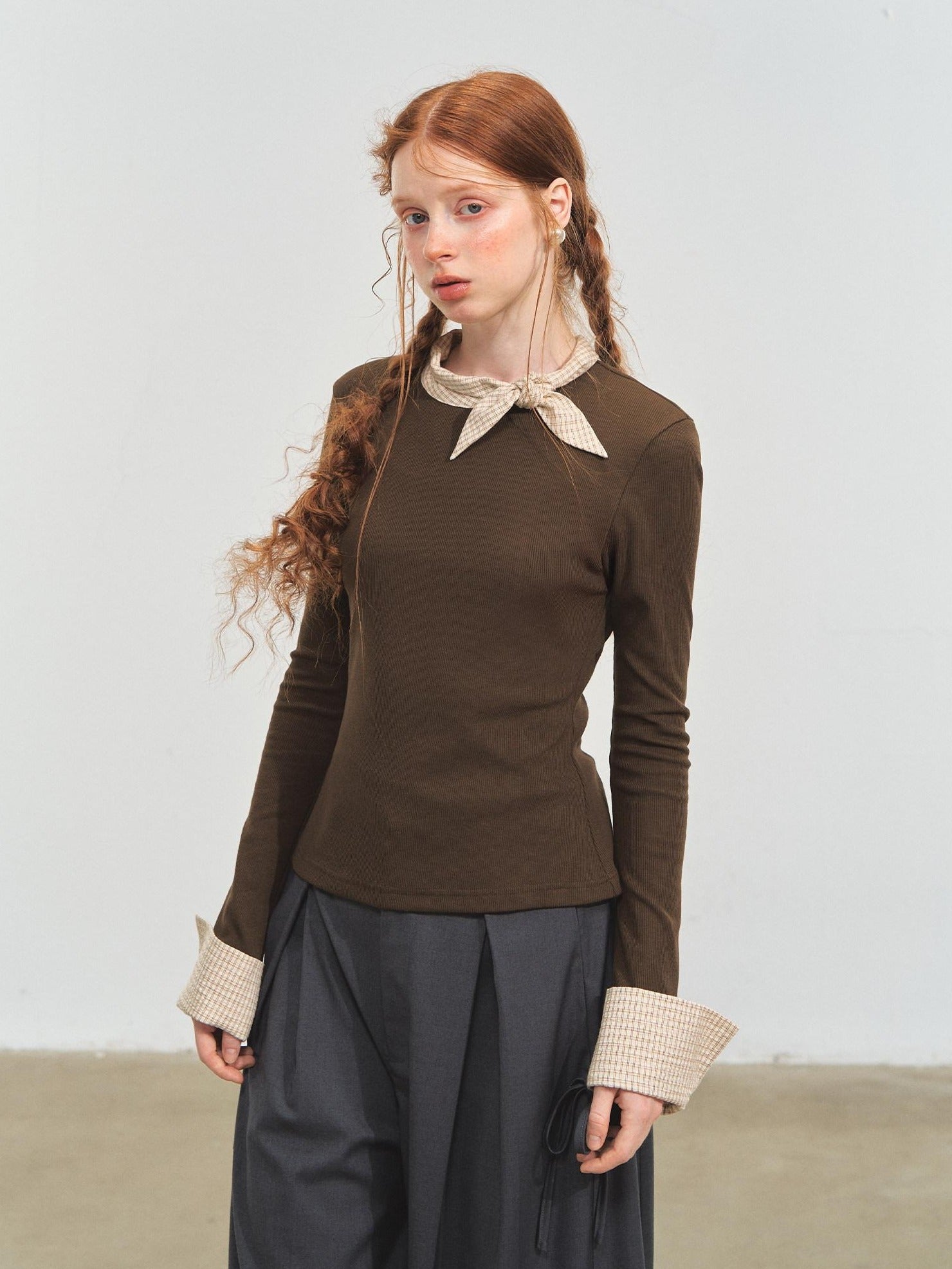 SOMESOWE Viscose Cotton Blend Loose Commuter Crewneck Patchwork Gray Long Sleeve T-Shirts