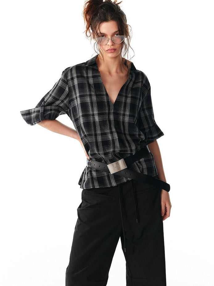 ALINNVSTUDIO Soft Lyocell Cupro Blend Oversized V-neck Button Front Plaid Casual Shirts