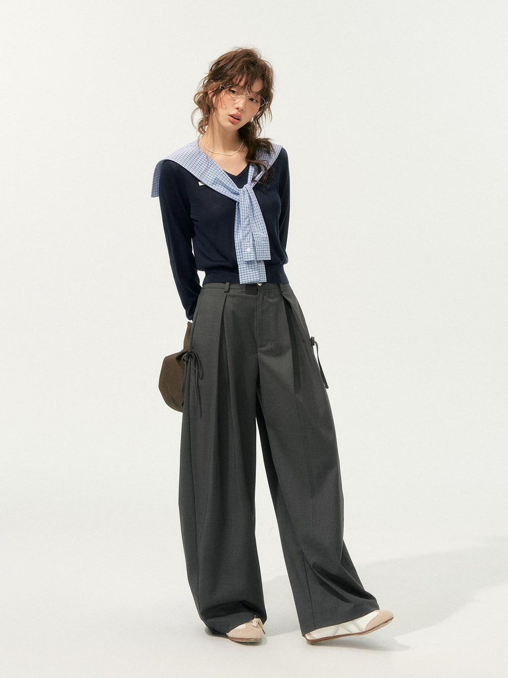 SOMESOWE Plaid Pocket Loose Fit Natural Waist Button Grey Casual Women Wide Leg Pants
