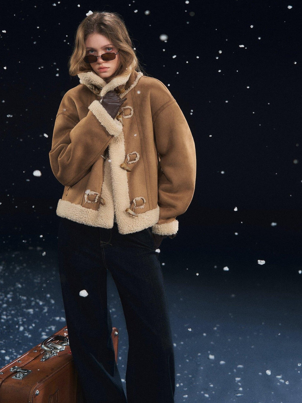 SOMESOWE Cozy Faux Sherpa Geometric Oversized Stand Collar Womens Brown Zipper Short Coat
