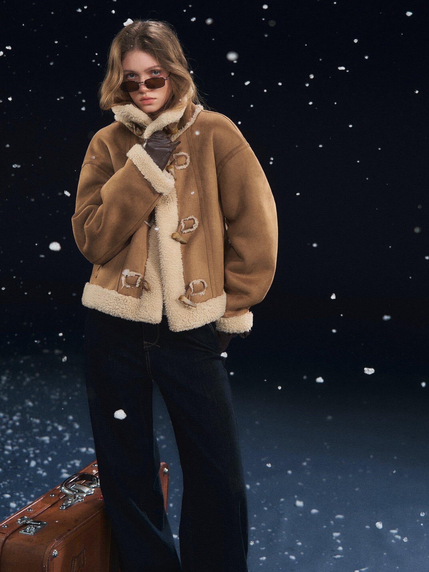 SOMESOWE Cozy Faux Sherpa Geometric Oversized Stand Collar Womens Brown Zipper Short Coat