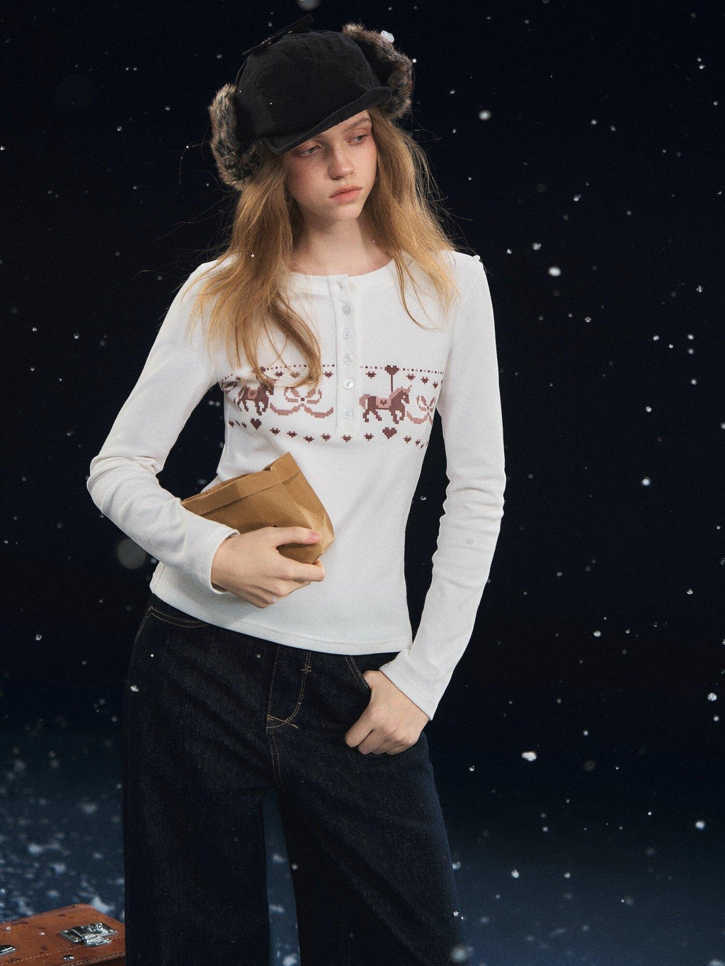 SOMESOWE Cotton Blend Lace Trim Casual Crew Neck Women Cartoon Print Sweaters