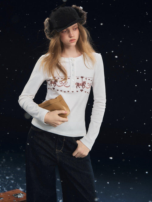 SOMESOWE Cotton Blend Lace Trim Casual Crew Neck Women Cartoon Print Sweaters