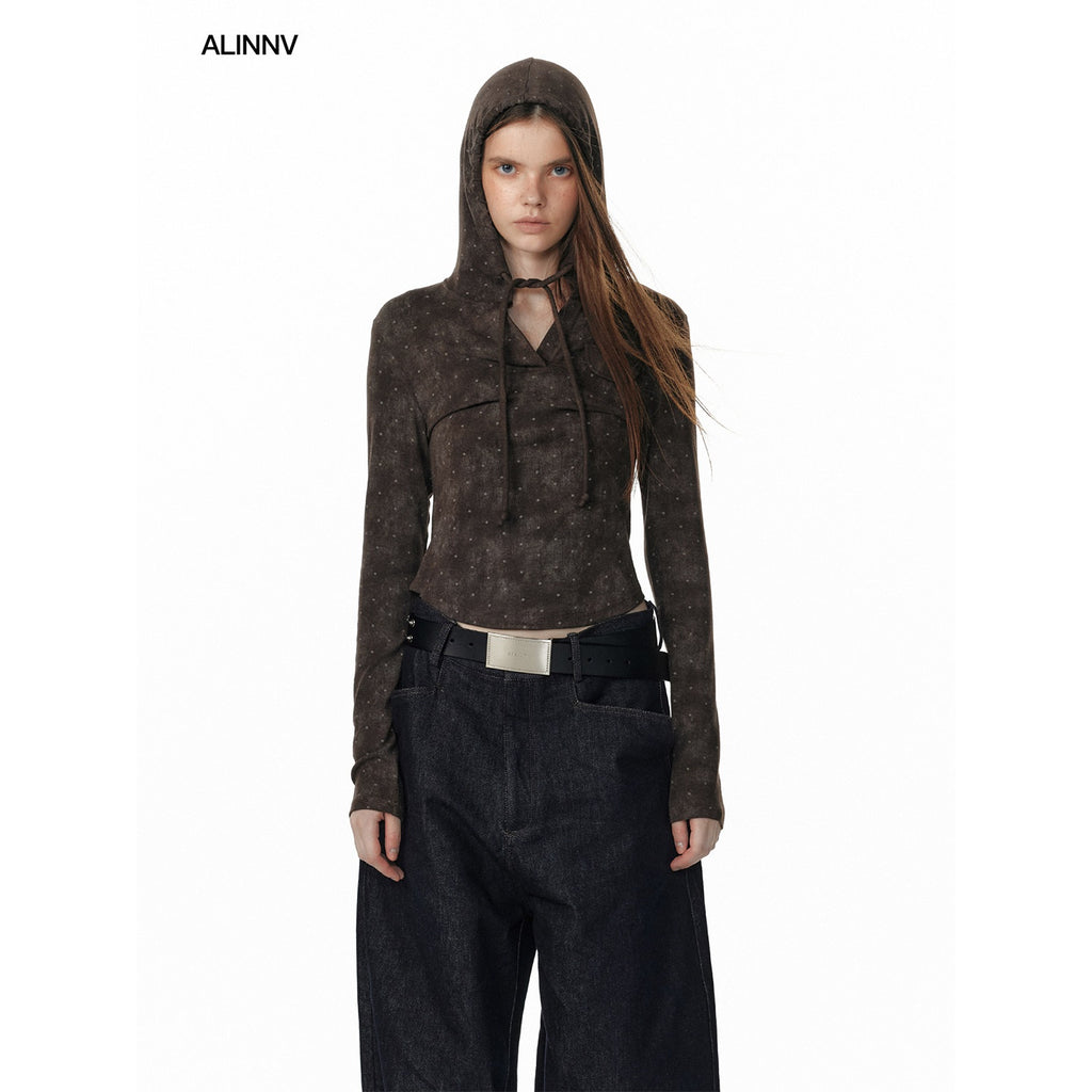 ALINNVSTUDIO_Tie_Detail_Cropped_Polka_Dot_Hooded_Pullover_Long_Sleeve_Women_Grey_Brown_Hoodie_MISSTT