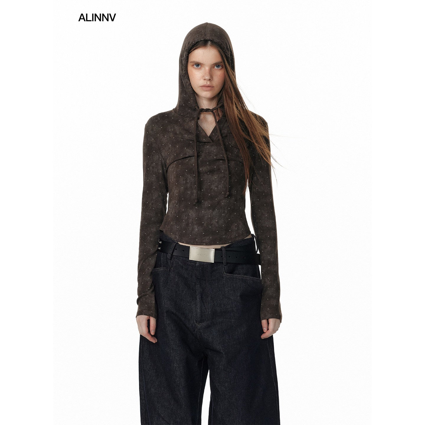 ALINNVSTUDIO_Tie_Detail_Cropped_Polka_Dot_Hooded_Pullover_Long_Sleeve_Women_Grey_Brown_Hoodie_MISSTT