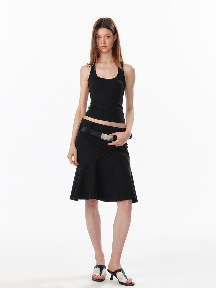 ALINNVSTUDIO Lined Wide Waistband Fishtail Mermaid Back Zipper Women Black Denim Midi Skirts