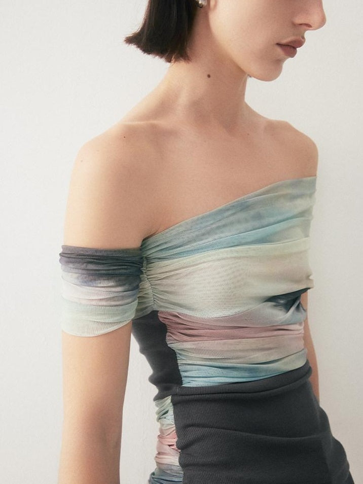 someonesometimes Tie Dye Slim Fit Minimal Commuter Viscose Blend Sleeveless Off Shoulder Crop Tops