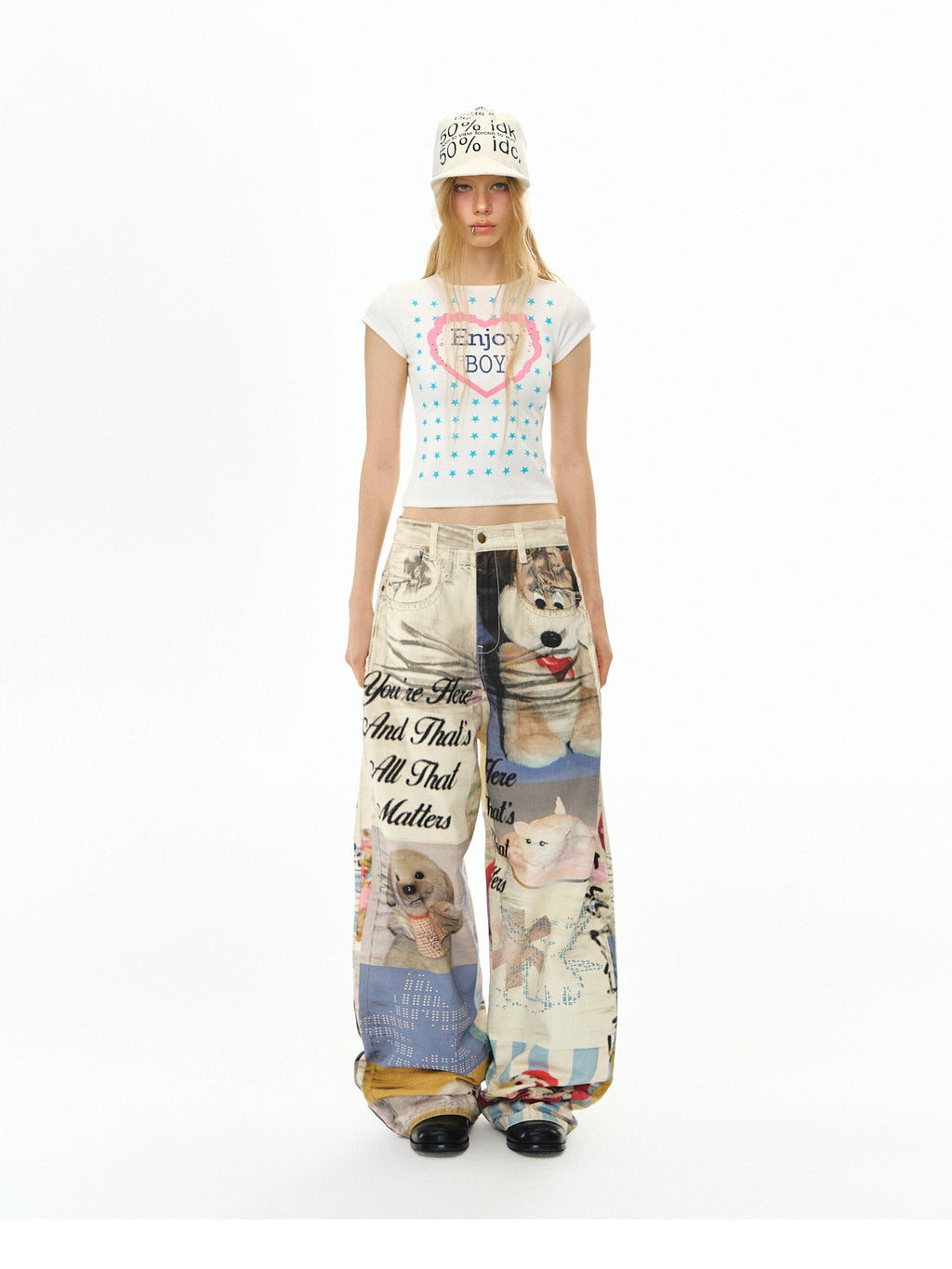 DeleteEx Cotton Washed Print Loose Natural Waist Zipper Wide Leg Jeans