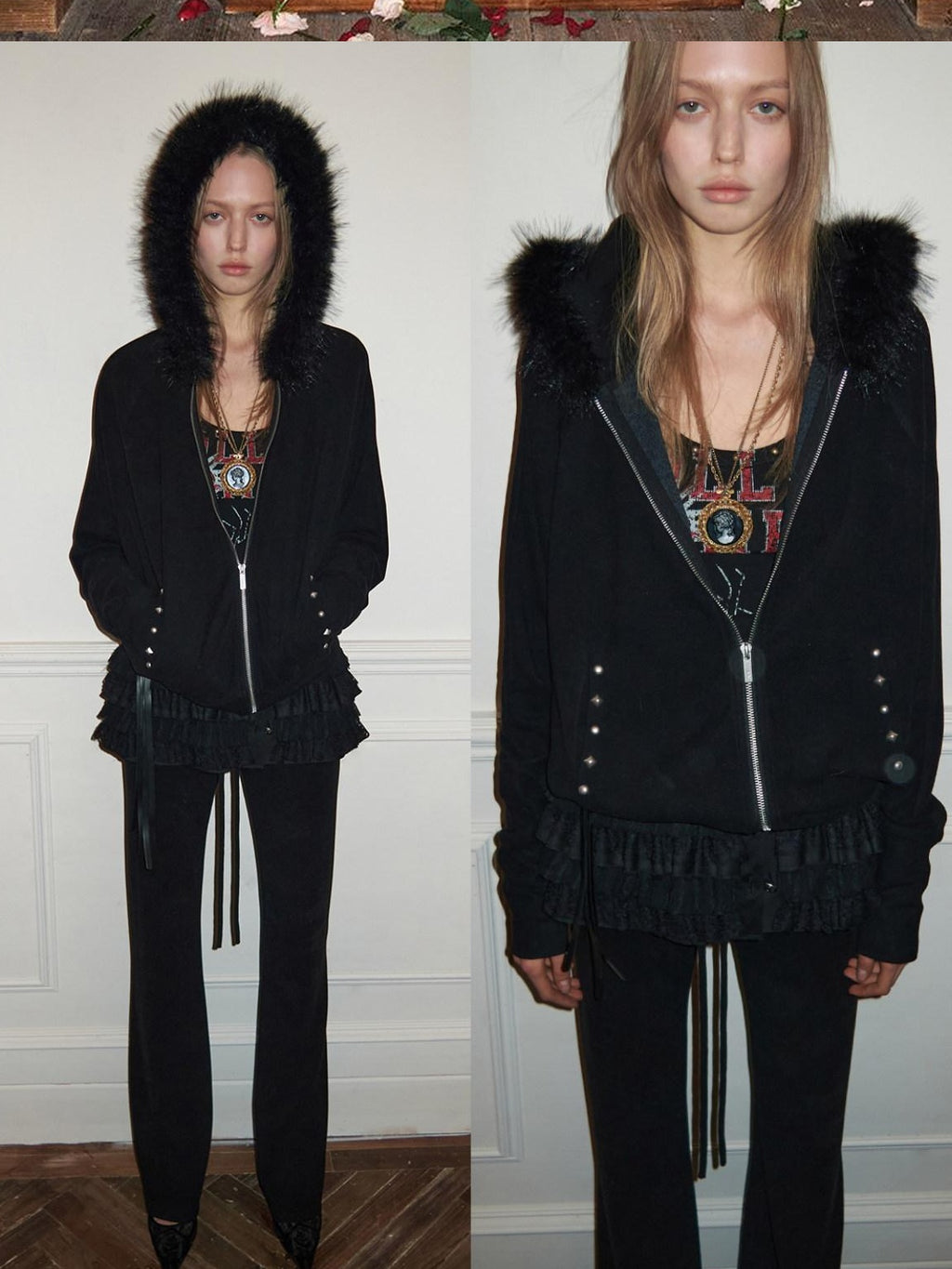1JINN STUDIO Studded Hooded Zip Long Sleeve Us Casual Women Solid Color Top & Pants Sets