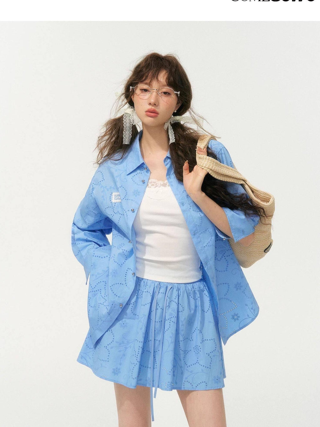 SOMESOWE Floral Cotton Collared Button Long Sleeve Casual Women Top & Skirt Sets