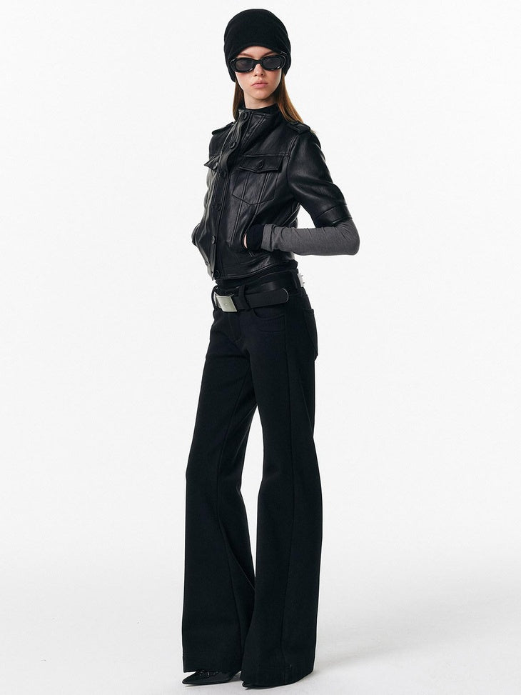 ALINNVSTUDIO Warm Low Rise Casual Zip Fly Slight Stretch Black Women Flared Pants