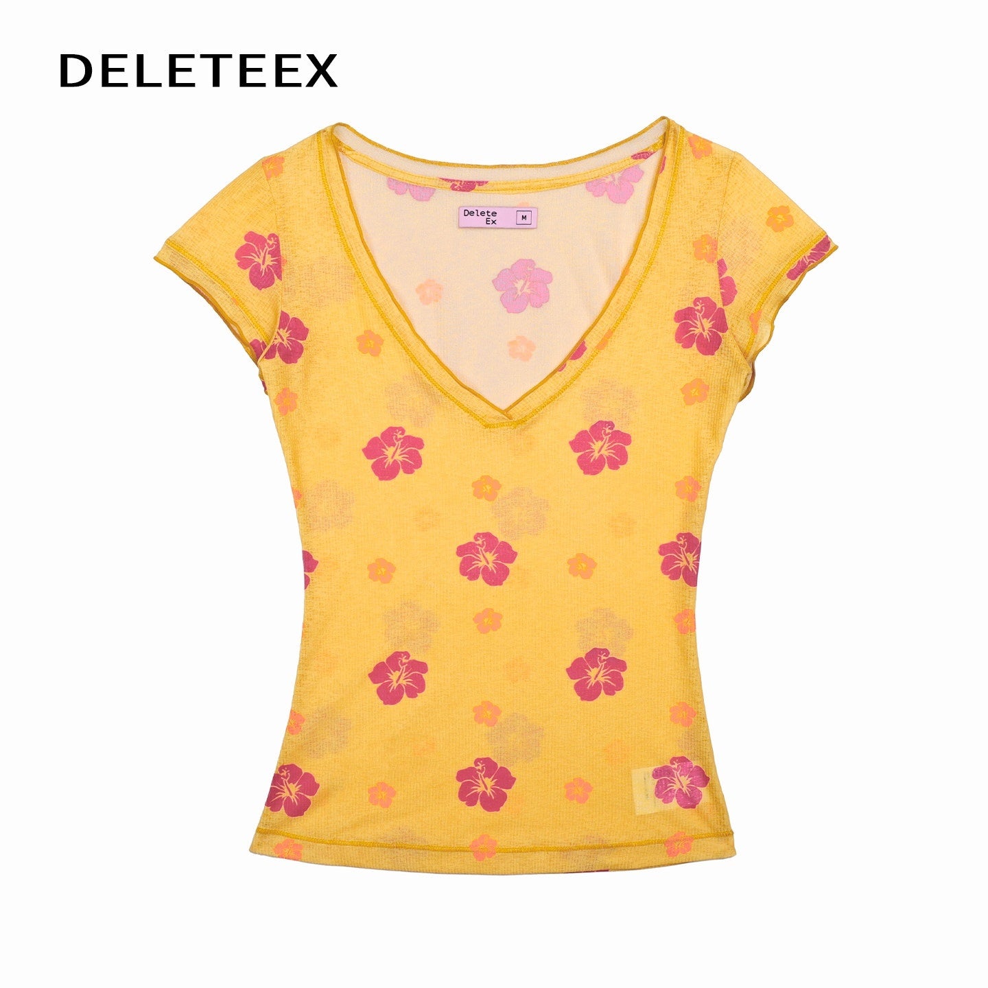 DeleteEx_Stretchy_V-neck_Sexy_Chic_Pink_Yellow_Print_Women_Casual_Short_Sleeve_T-Shirts_MISSTT
