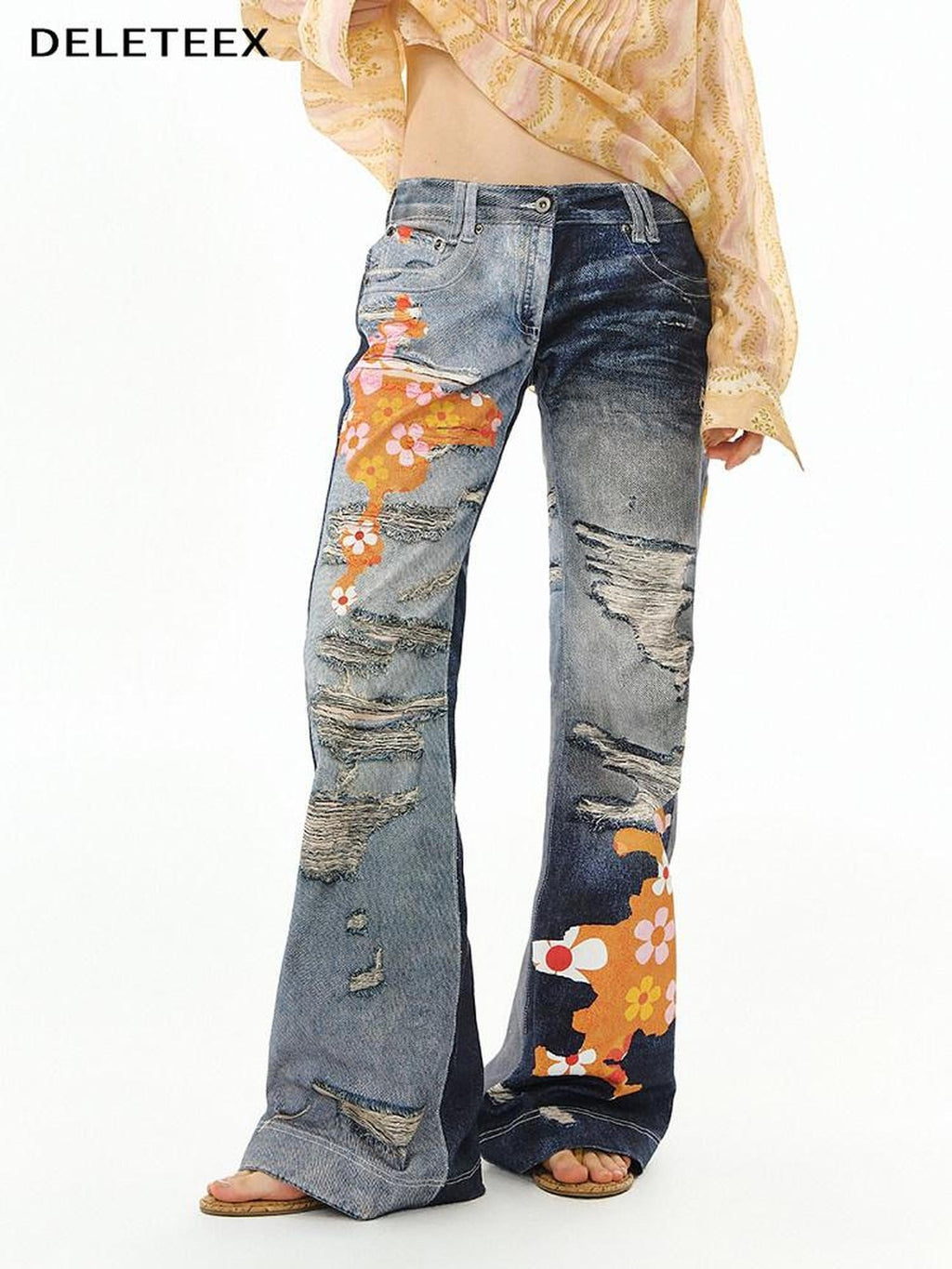 DeleteEx Stretch Cotton Denim Low Rise Micro Flare Casual Deep Blue Long Flared Jeans