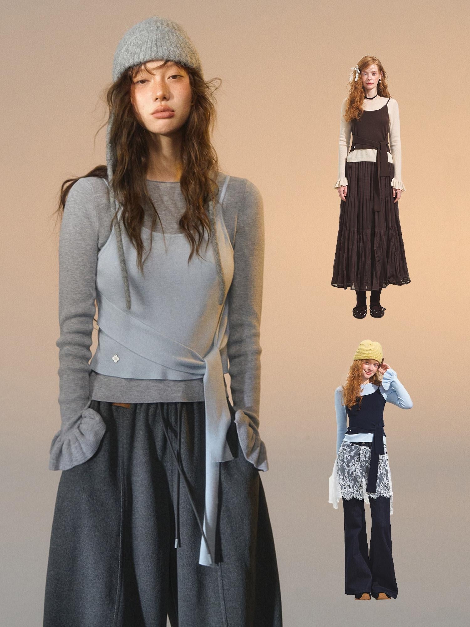 SOMESOWE Soft Casual Colorblock Asymmetrical Tie Faux Layered Womens Knit Sweaters