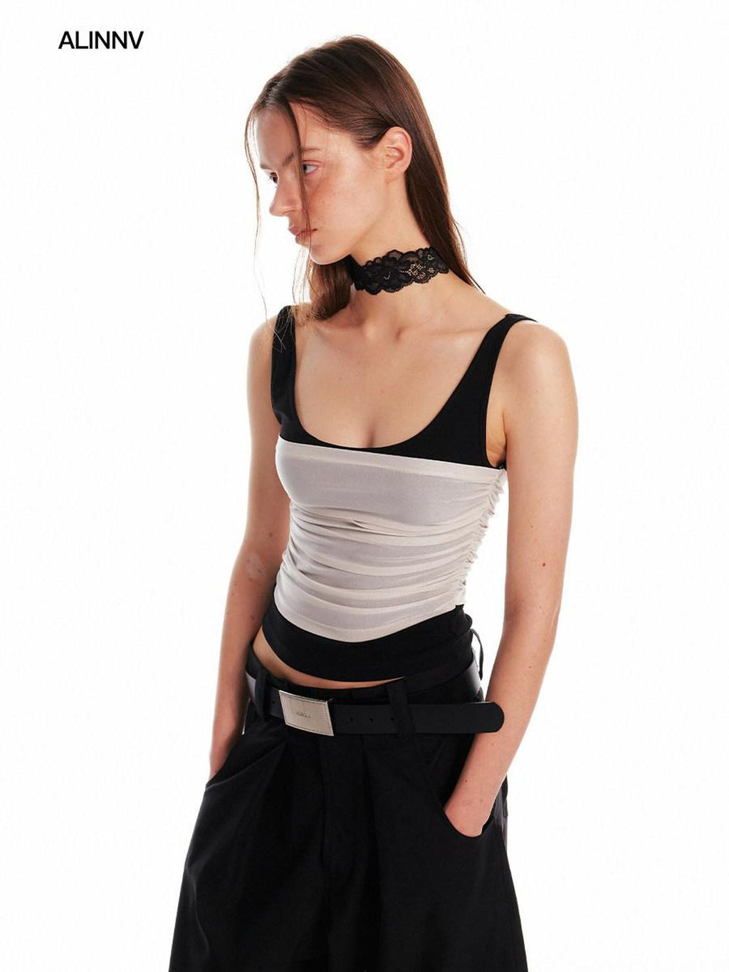 ALINNVSTUDIO Patchwork Original Design Slim Fit Cropped Pullover Women Solid Tank Tops