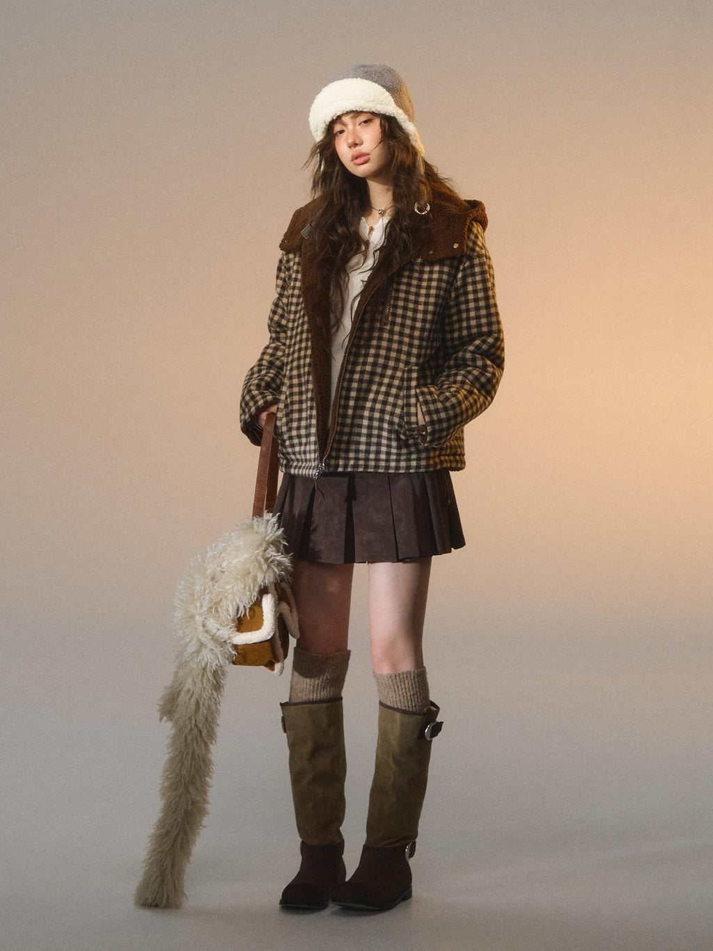 SOMESOWE Reversible Plaid Loose Fit Short Button Women Brown Polyester Jackets