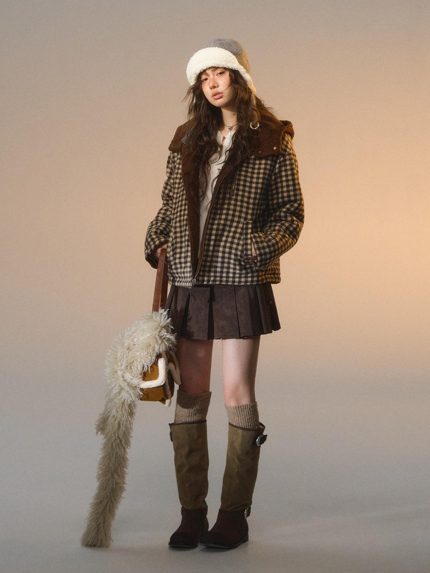 SOMESOWE Reversible Plaid Loose Fit Short Button Women Brown Polyester Jackets
