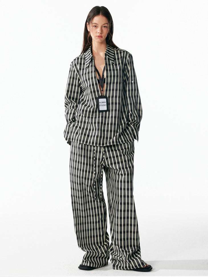 ALINNVSTUDIO Minimalist Loose Fit Square Neck Plaid Pullover Women Top & Pants Sets