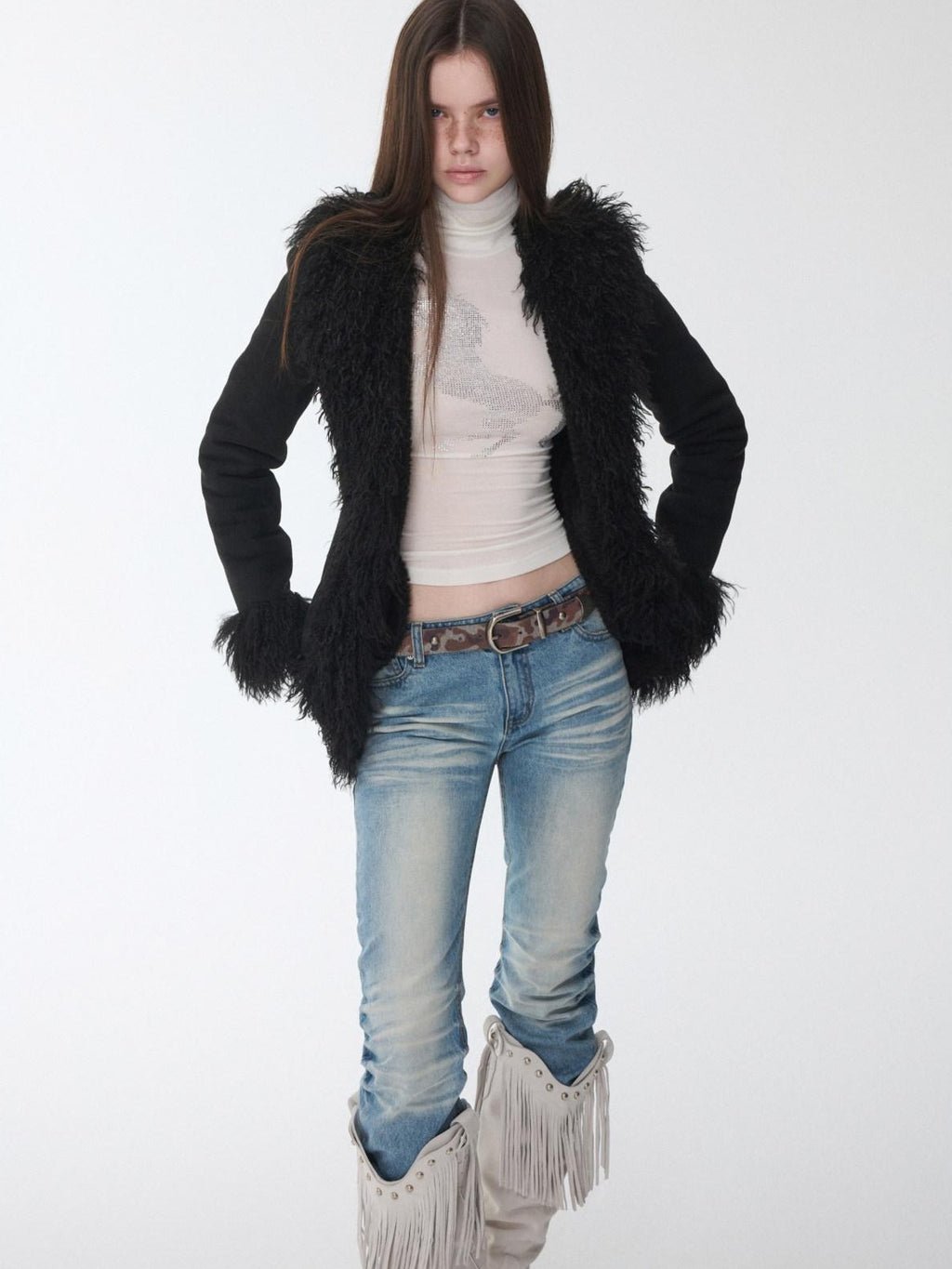 1JINN STUDIO Cozy Cropped Slim Fit Casual Crew Neck Women Black Camel Faux Fur Coats