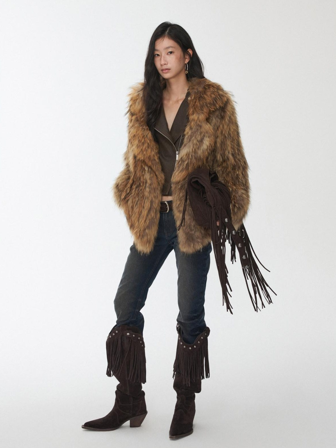 1JINN STUDIO Cozy Woven Cropped Cinched Waist Lapel Long Sleeve Young Women Faux Fur Coats